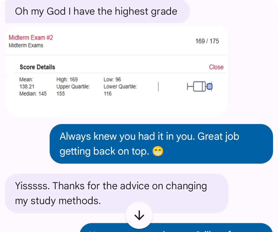 Shannon's text about her top exam score